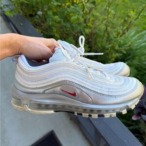 Nike White and Silver Air Max 97 with Red Swoosh